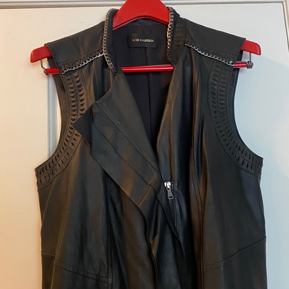 Kobi Halperin 💯Genuine Leather Black Silver Chain Full Zip Ruffled Vest - Picture 8 of 16